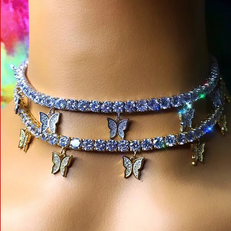 YUNSEABUY Little Butterfly Pendant Full Diamond Choker Necklace for Women Girls