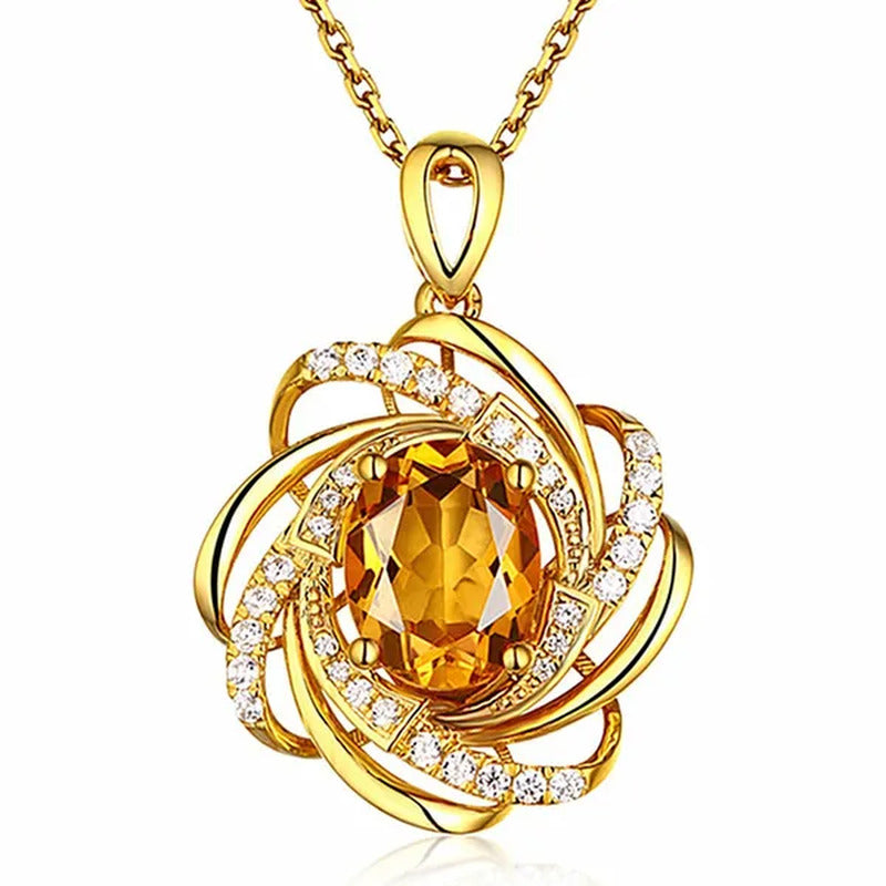 Yellow Crystal Citrine Gemstones Diamonds Pendant Necklaces for Women Gold Tone