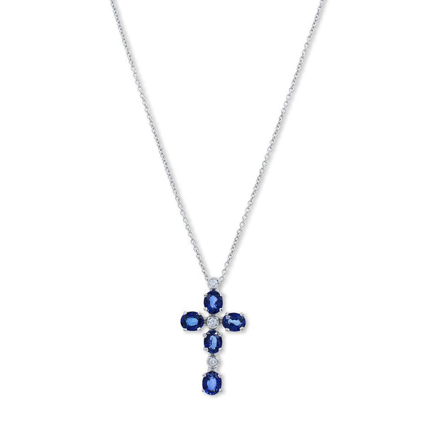 Zoccai 18K White Gold round Cut Diamond Blue Sapphire Cross Pendant Necklace
