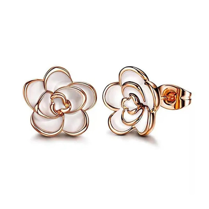 Women Fashion Black and White Rose Gold Camellia Vintage Flower Earring Stud Ear
