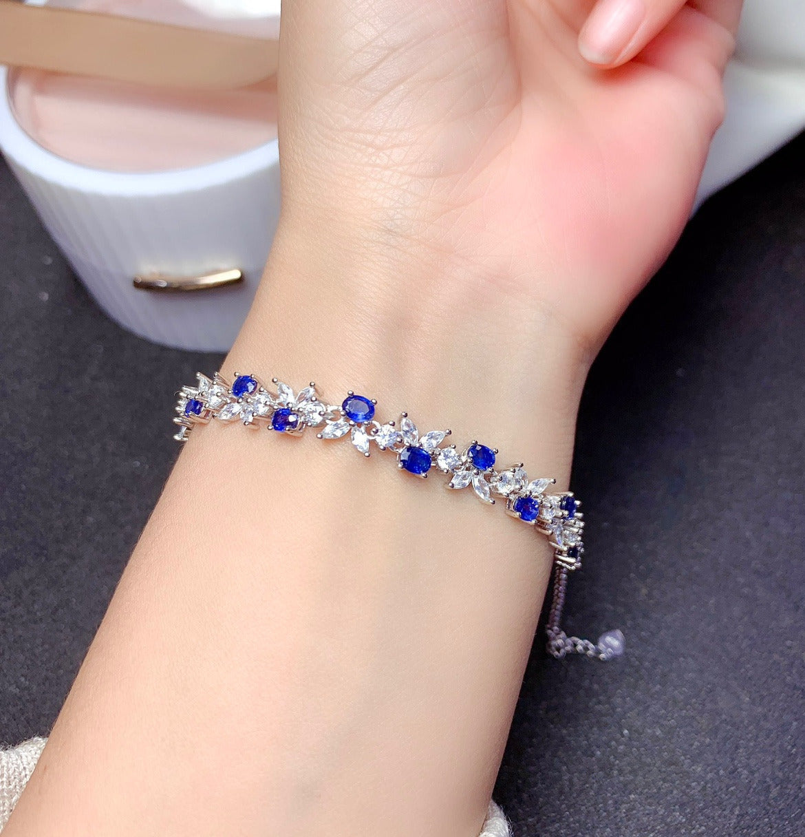 Women'S Sterling Silver Gold-Plated and Inlaid Sapphire Bracelet
