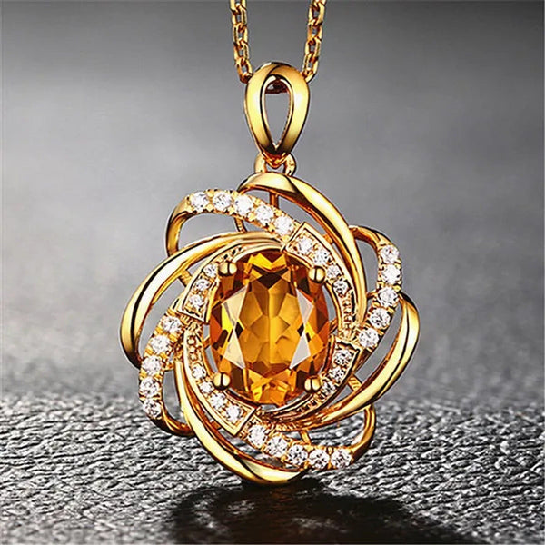 Yellow Crystal Citrine Gemstones Diamonds Pendant Necklaces for Women Gold Tone
