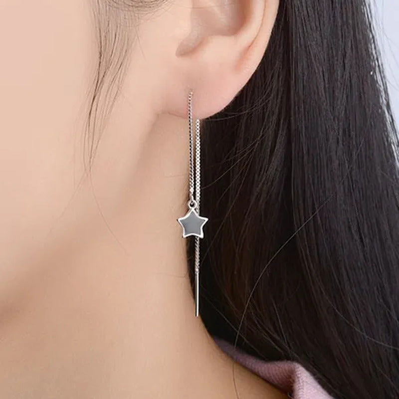 Women Fashion Black Star Ear Line Style Long Tassel Ear Stud Earrings