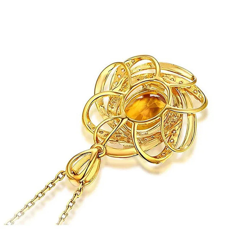 Yellow Crystal Citrine Gemstones Diamonds Pendant Necklaces for Women Gold Tone