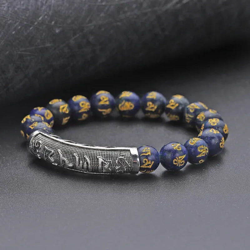 Shop LC Silvertone Feng Shui Mantra Lapis Lazuli Carved Stretch Beaded Bracelet