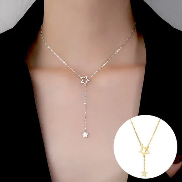 Women'S Fashion Jewelry Simple Diamond Pentagram Pendant Necklace Tassel Clavicl