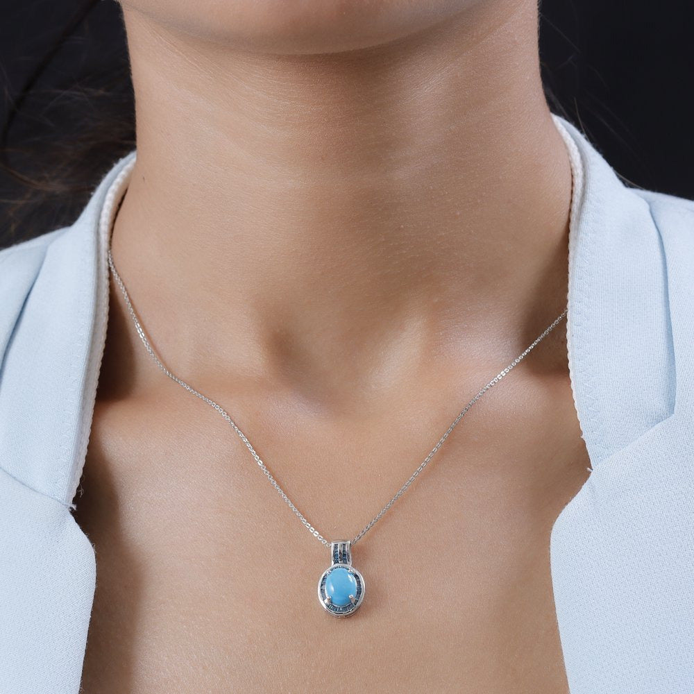 Sleeping Beauty Turquoise Blue Diamond Oval 925 Sterling Silver Platinum Plated