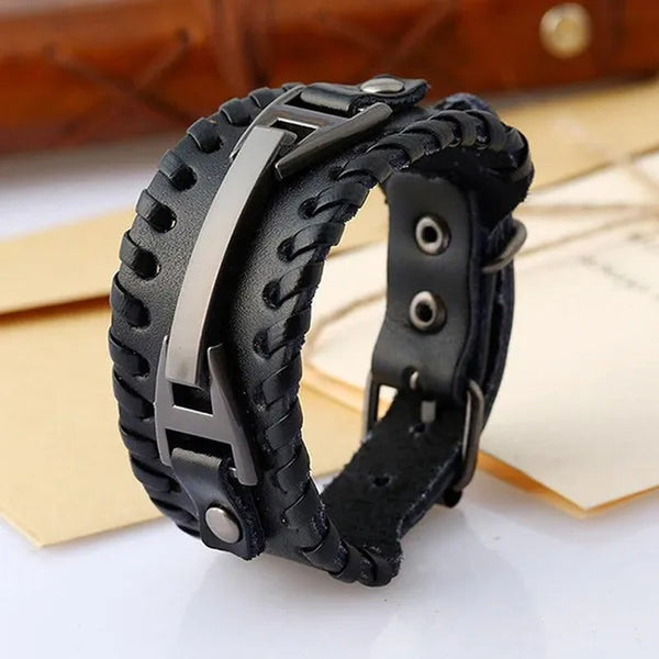 Women Men PU Leather Bracelets Punk Handmade Wide Cuff Rope Bracelet Woven Wrist