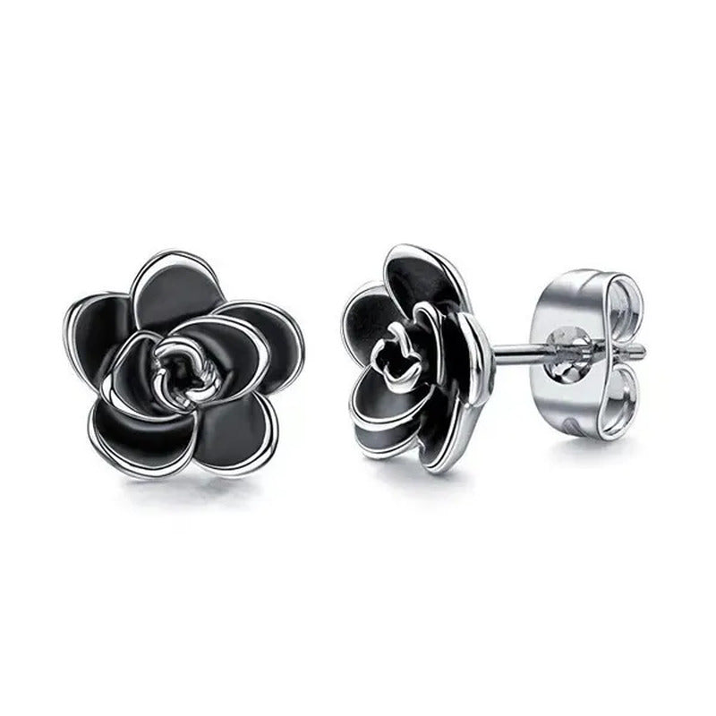 Women Fashion Black and White Rose Gold Camellia Vintage Flower Earring Stud Ear
