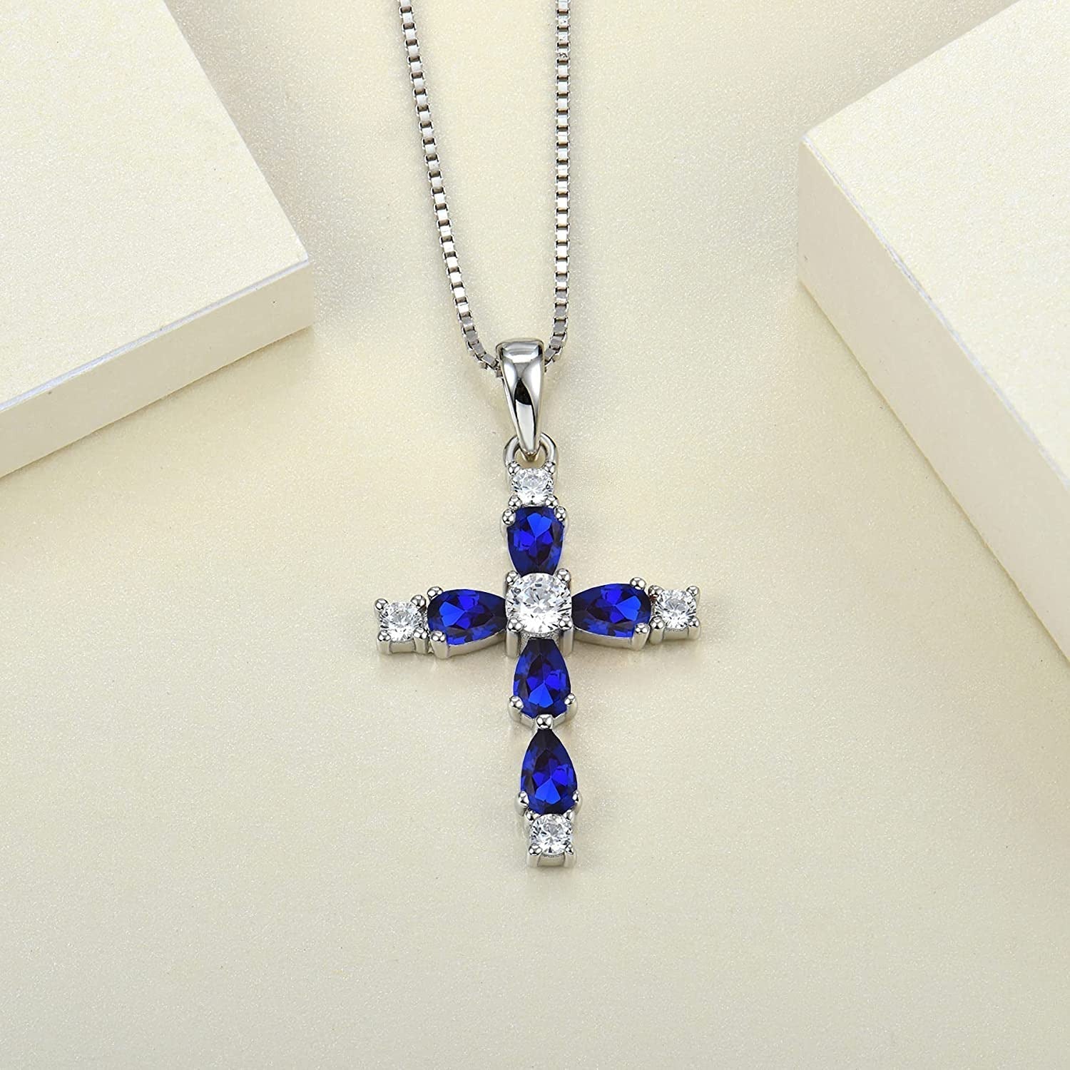 YL Gemstone Cross Necklace 925 Sterling Silver Created Sapphire/Ruby/Emerald/Ame