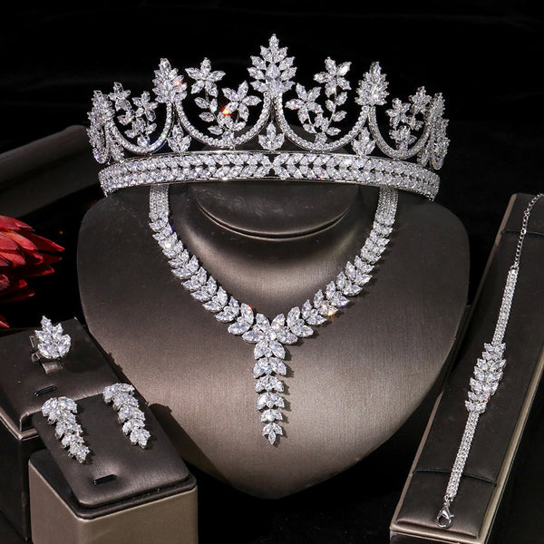 Women'S Engagement Jewelry Set, High Quality CZ Wedding Bridal Tiara Crown Neckl