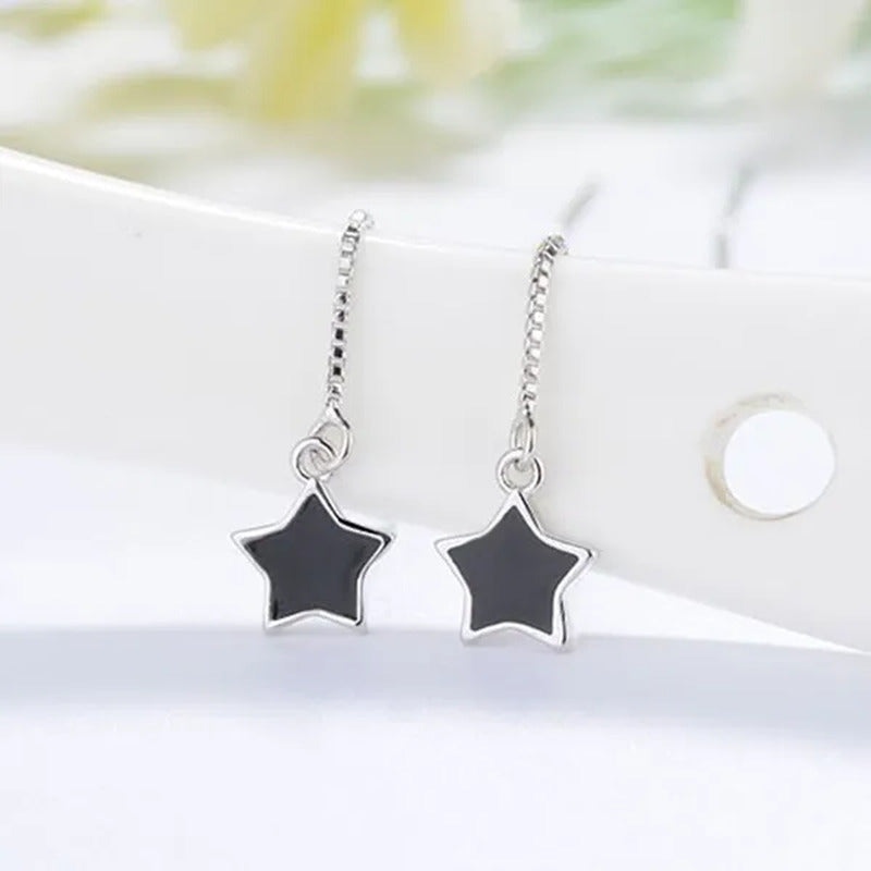 Women Fashion Black Star Ear Line Style Long Tassel Ear Stud Earrings