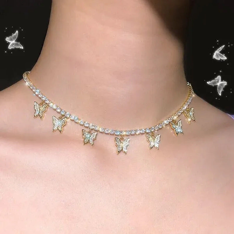 YUNSEABUY Little Butterfly Pendant Full Diamond Choker Necklace for Women Girls