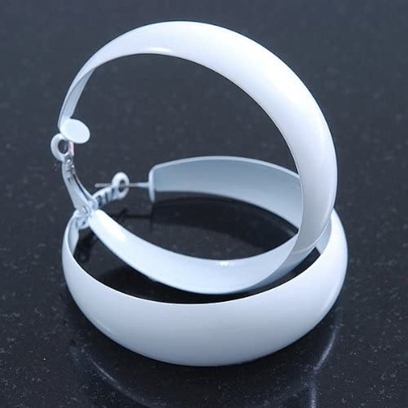 Wide Large White Enamel Hoop Earrings - 55Mm Diameter