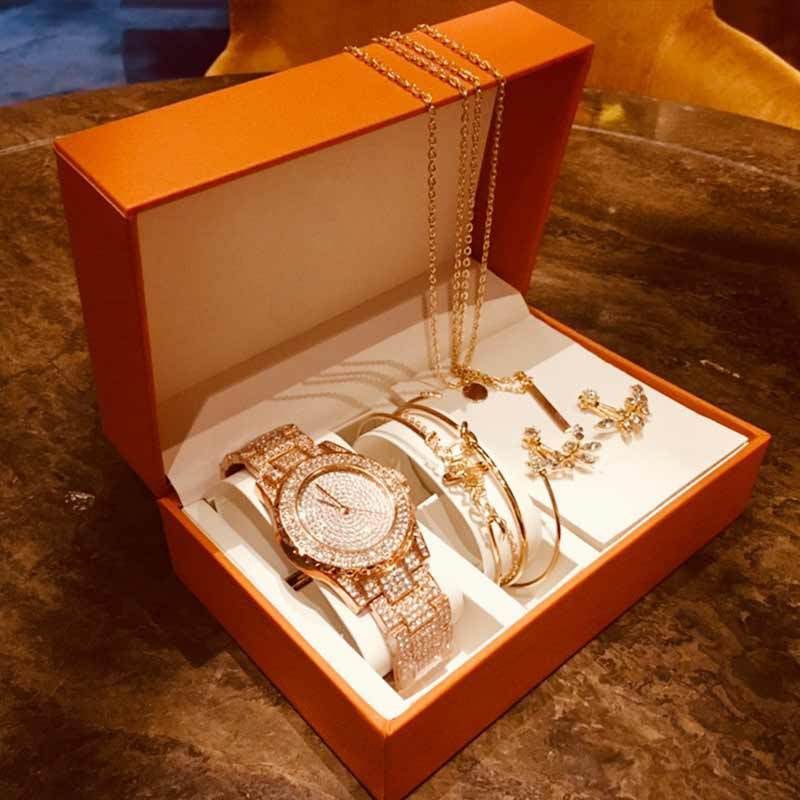 Fashion Creative Diamond Full Diamond round Watch Leaf Bracelet Set Earrings Nec