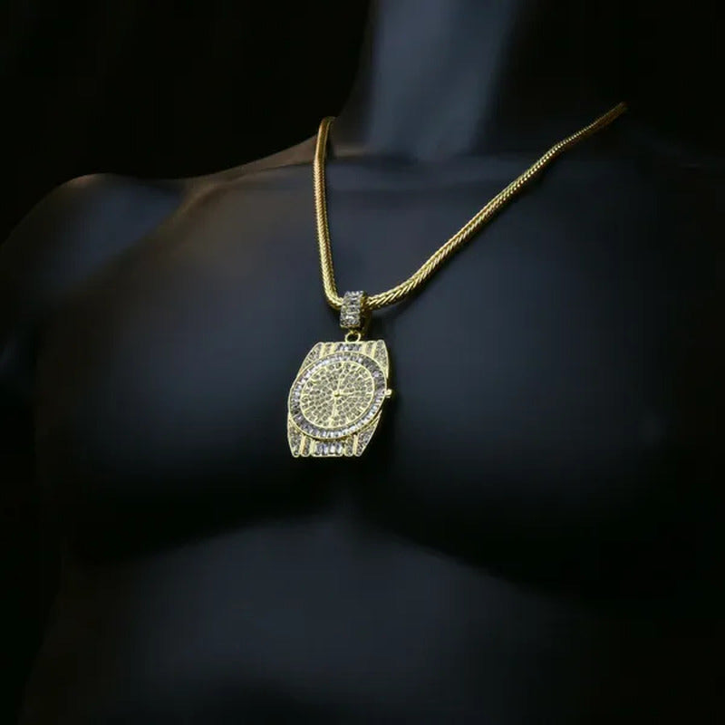 14K Gold PT Watch Fully Diamond Lad Cut Pendant Hip Hop Style 4Mm 24" Franco Cha
