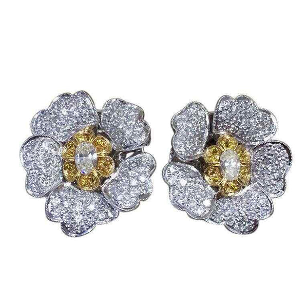 Yellow and White Diamond Flower Petal Earrings