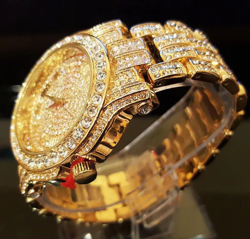 18K Men Hip Hop Iced Out Gold Simulated Diamond Rapper Watch