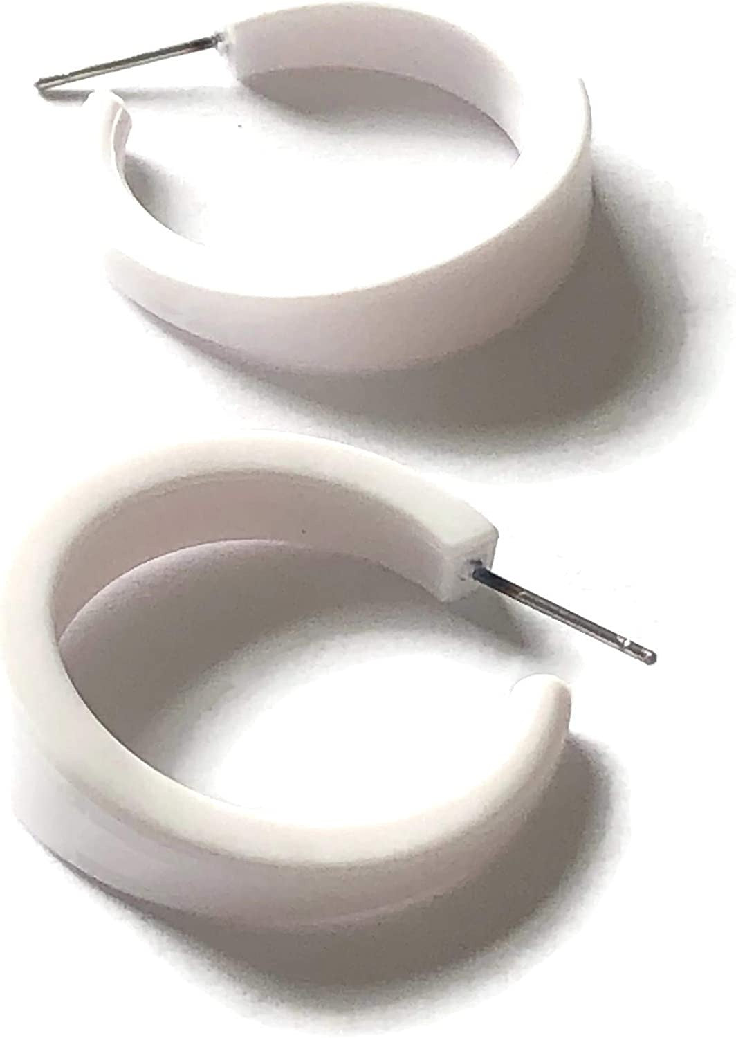 White Acrylic Tapered Lucite White Hoop Earrings 1.25 Inches
