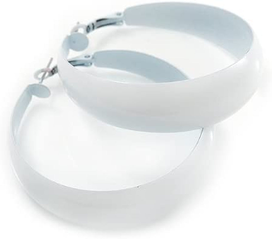Wide Large White Enamel Hoop Earrings - 55Mm Diameter