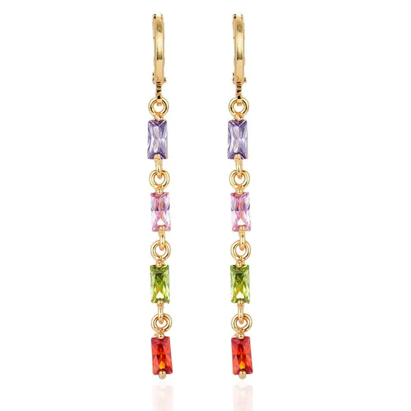 Women Rainbow Cubic Zirconia CZ Linear Dangle Earrings Jewelry