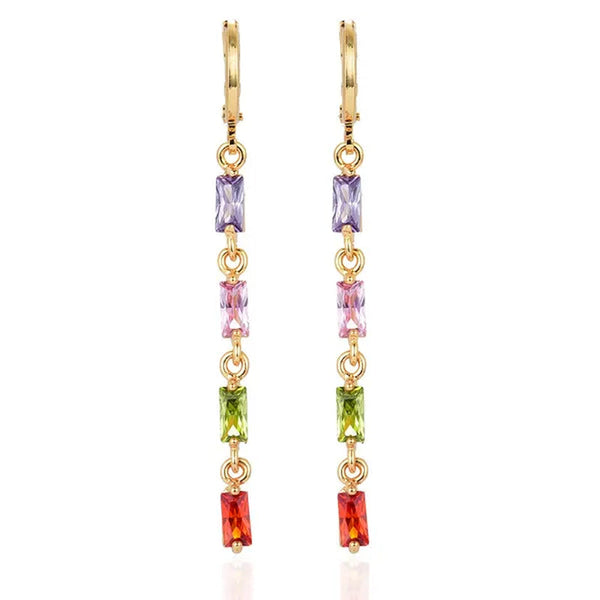 Women Rainbow Cubic Zirconia CZ Linear Dangle Earrings Jewelry