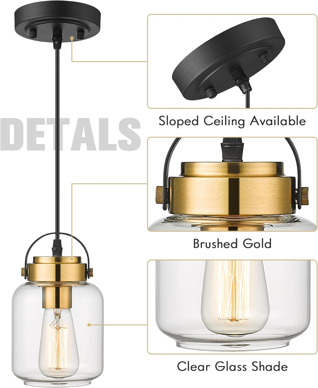 HWH Pendant Lights 2 Pack, Modern Glass Hanging Light Fixtures for Kitchen Island, Industrial Island Light for Dining Room, Bedroom, Schoolhouse, Black and Gold Finish, 5HZG61M1L-2 BK+BG