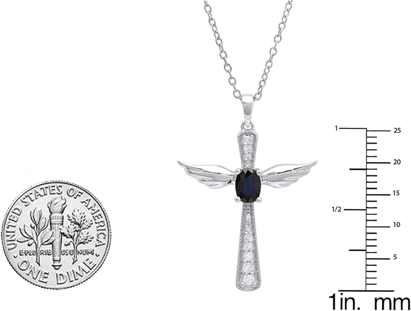 6X4 MM Oval Gemstone & round Diamond Angel Cross Pendant (Silver Chain Included), Sterling Silver