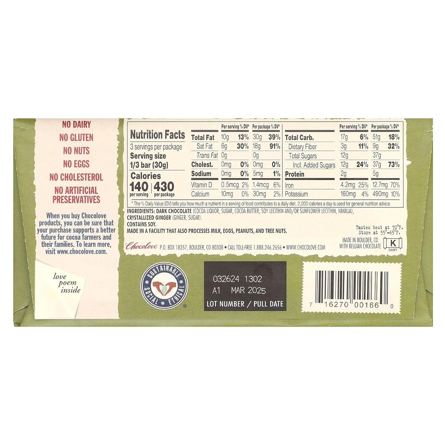 Chocolate Bar Dark Ginger Crystalized, 3.2 Oz