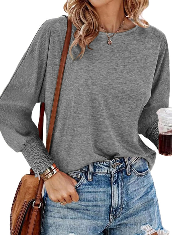 Womens Long Sleeve Tops Fall Outfits 2024 Dressy Casual Crew Neck Tee Shirts Smocked Loose Top Tunic Blouse