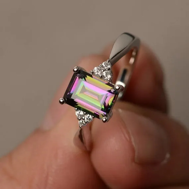 Exquisite Women'S 925 Sterling Silver Ring Princess Cut Mystic Rainbow Topaz Engagement Diamond Jewelry Christmas Birthday Proposal Gift Halloween Party Wedding Band Rings Size 6 - 10