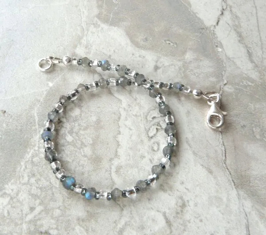 Flashy Labradorite Gemstone Bracelet W Silver Lined Beads & Sterling Silver Clasp; Skinny Stackable Boho Bracelet