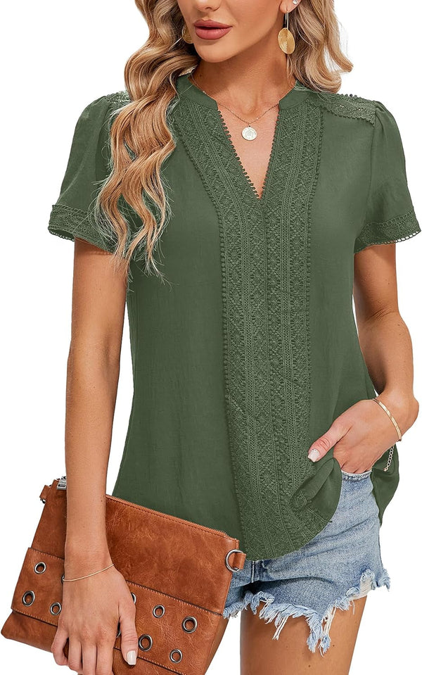 Womens Dressy Casual Blouses Short Sleeve V Neck Business Tops Summer Ladies Trendy Boho Office Work Shirts