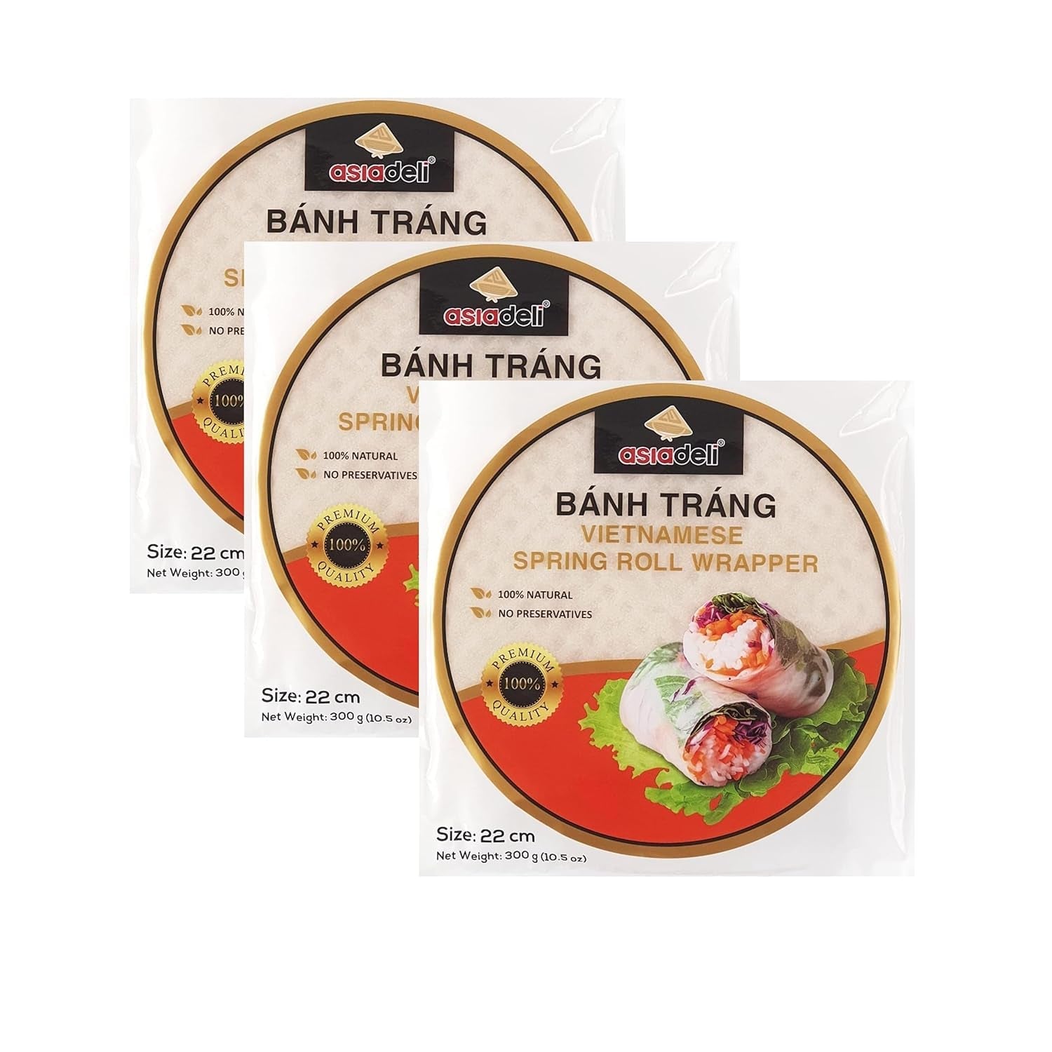 Rice Paper, 30~32 Sheets per Pack, 10.5 Oz, Vietnamese Spring Roll Wrapper, Premium Rice Paper, round 22Cm (Pack of 3 Bags)