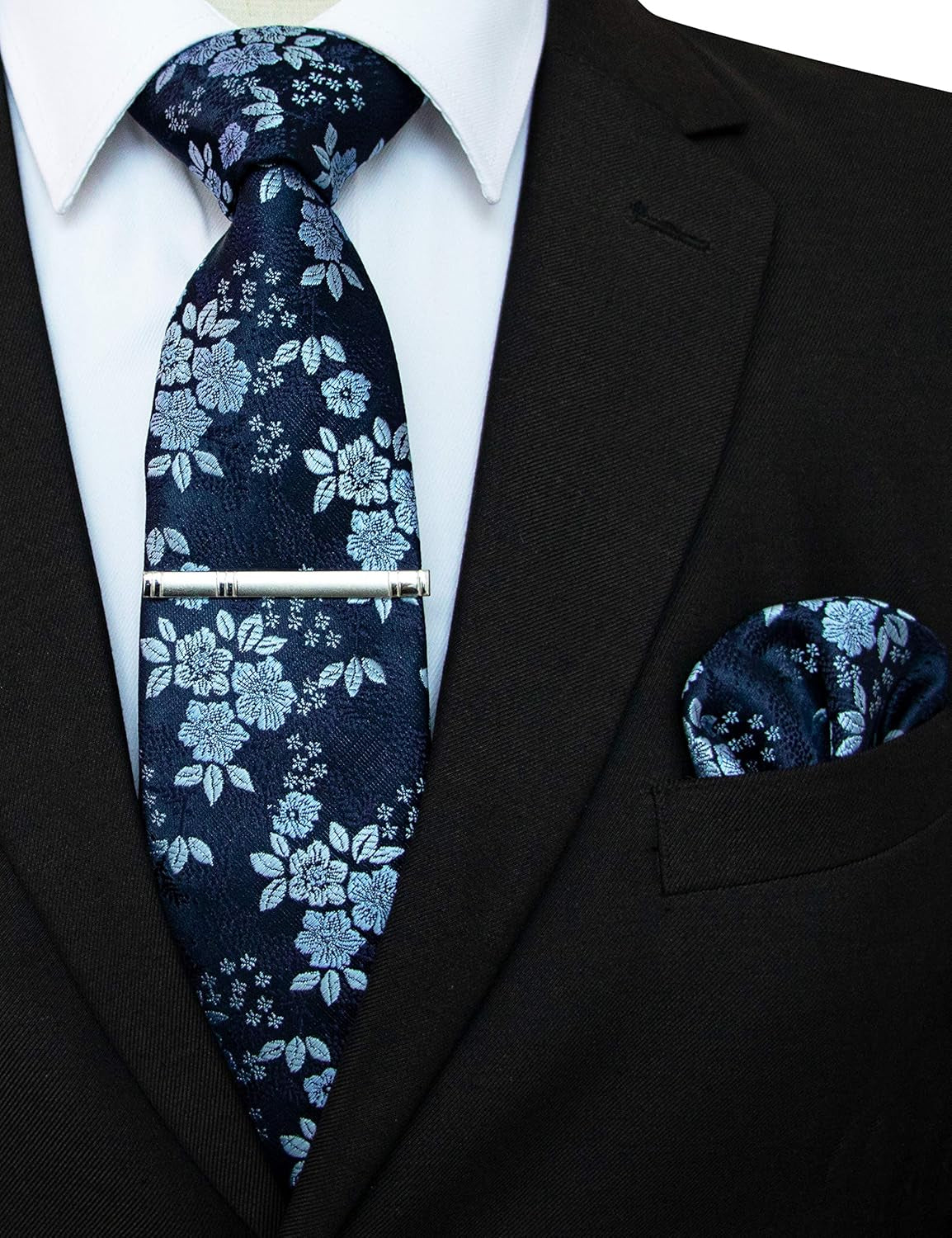 Floral Necktie and Pocket Square Tie Clip Sets for Men