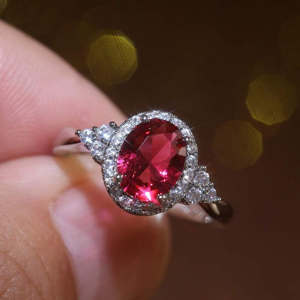Oval Cut Ruby Diamond Cluster Solitaire Ring Delicate Engagement Rings 14K Gold Plated 925 Sterling Silver Gemstone Ring Natural Ruby Ring for Women Size 8