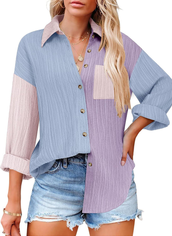 Womens Button down Shirts Long Sleeve Dress Shirt Textured Collared Work Blouse Dressy Casual Tops with Pocket