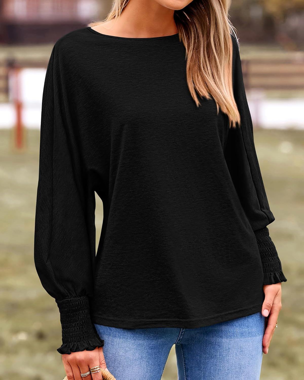 Womens Long Sleeve Tops Fall Outfits 2024 Dressy Casual Crew Neck Tee Shirts Smocked Loose Top Tunic Blouse