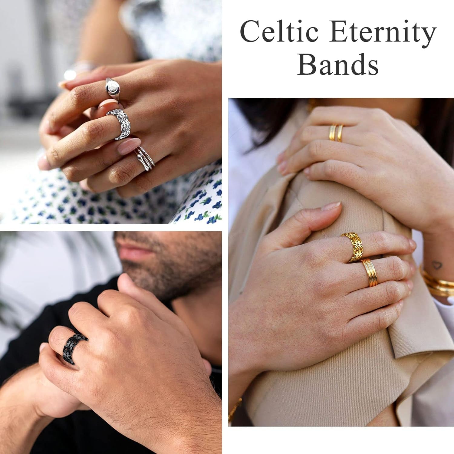 Celtic Rings in Three Classic Style, Solid Stainless Steel Band Ring in Gold/Silver/Black Tone, Simple Celtic Knot Eternity Finger Ring for Friendnship Wedding Engagement Promise
