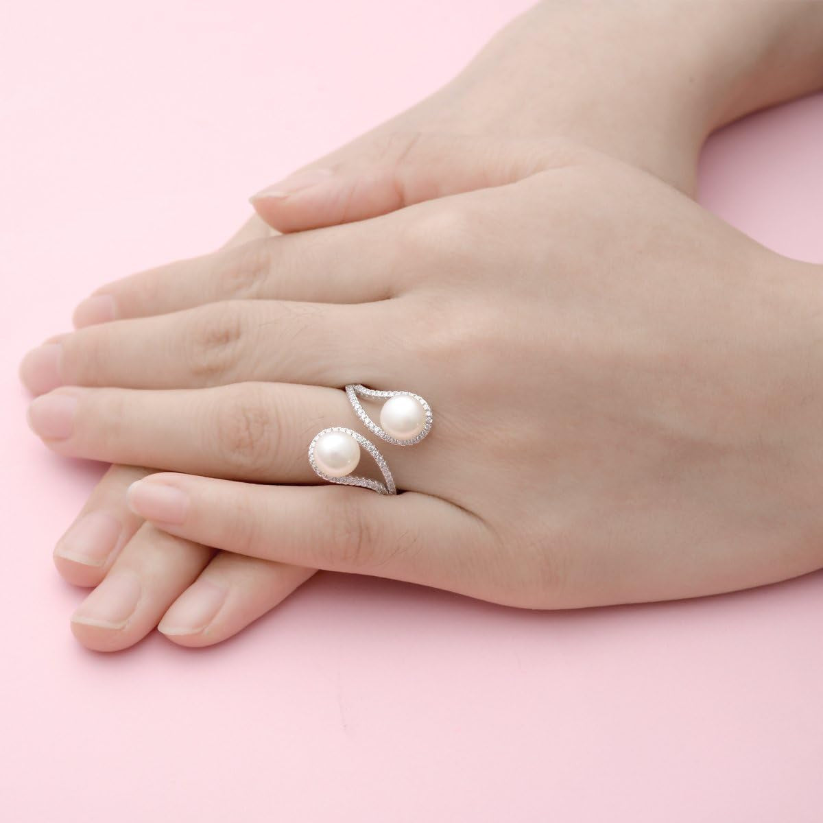 925 Sterling Silver CZ 9MM AAA Freshwater Cultured Pearl Teardrop Engagement Adjustable Ring