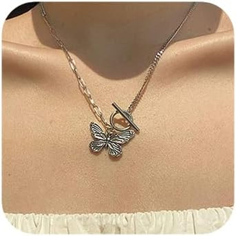 Dainty Simple Boho Steel Chain Necklace Choker Silver Butterfly Pendant Necklaces for Women
