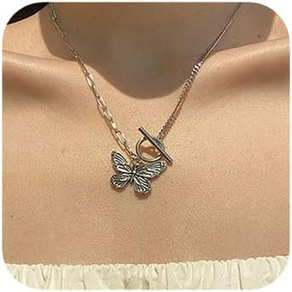 Dainty Simple Boho Steel Chain Necklace Choker Silver Butterfly Pendant Necklaces for Women