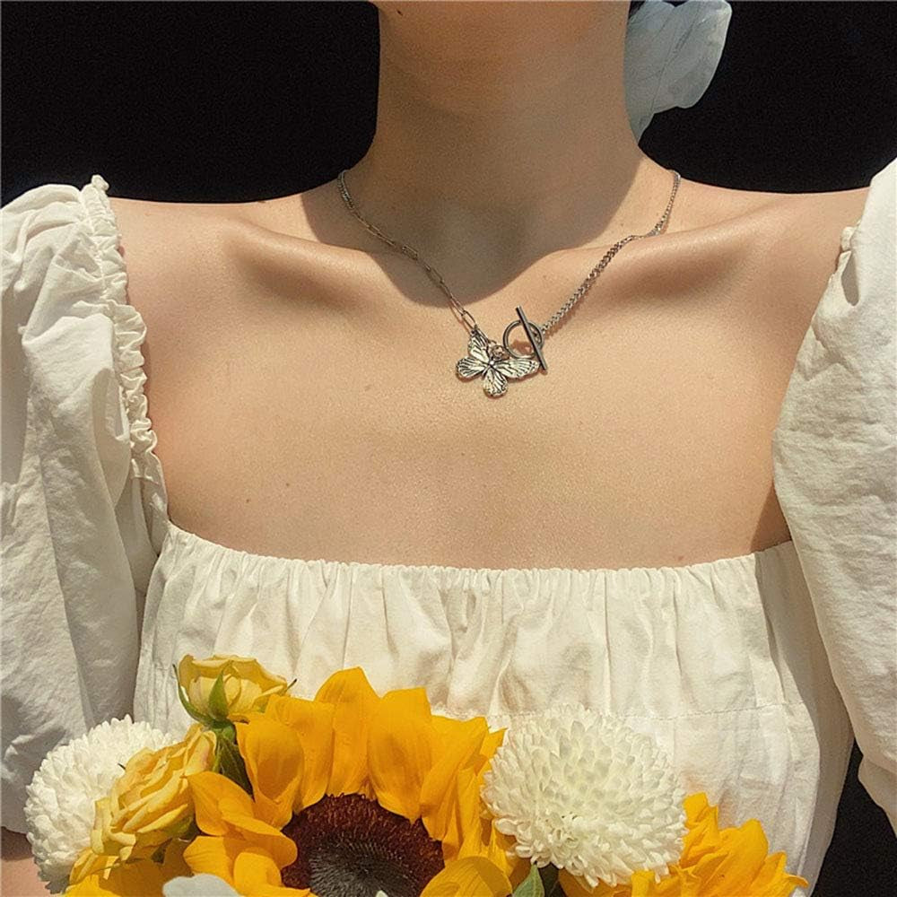 Dainty Simple Boho Steel Chain Necklace Choker Silver Butterfly Pendant Necklaces for Women