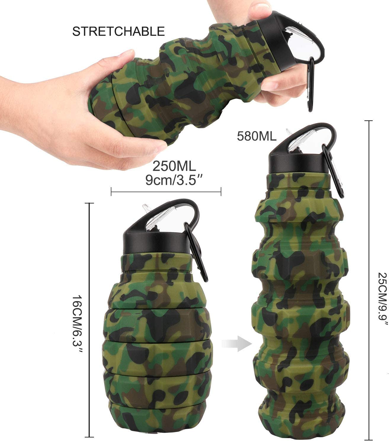 Collapsible Travel Water Bottle19.6 Oz, Reuseable Silicone Foldable Water Bottles for Gym Camping Hiking, Portable Leak Proof Sports Water Bottle with Carabiner (Army Green Camouflage)