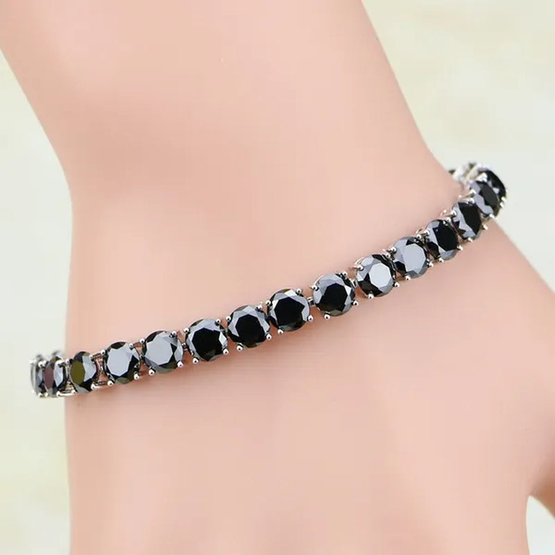 925 Sterling Silver Jewelry Black Sapphire White Topaz round Link Chain Bracelet 7 Inch for Women Wedding Free Gift Box