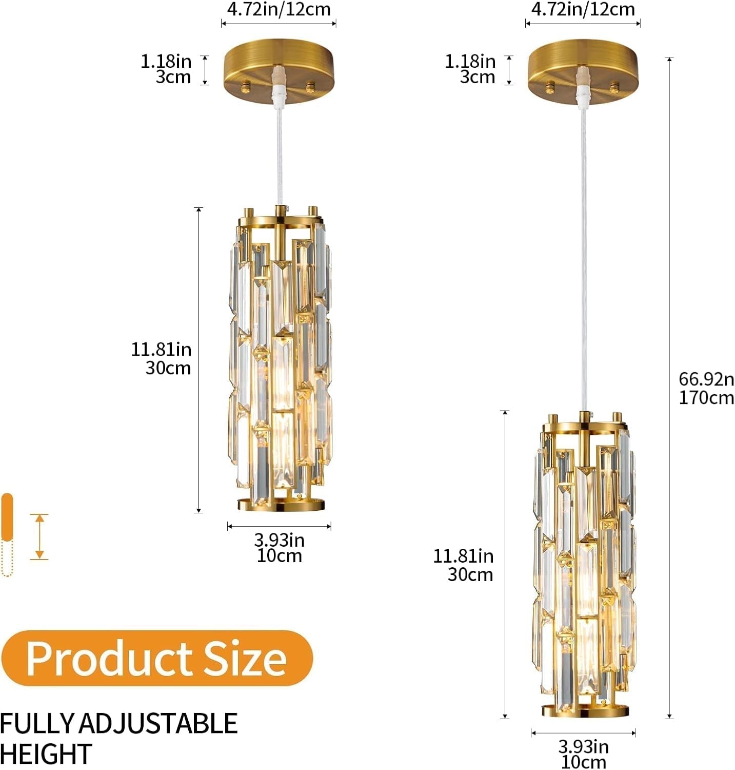 Pendant Lighting Modern Pendant Light, Mini Crystal Chandeliers,Adjustable Pendant Light Fixture for Kitchen Island Dinning Room Bedroom (Gold, 1-Light)