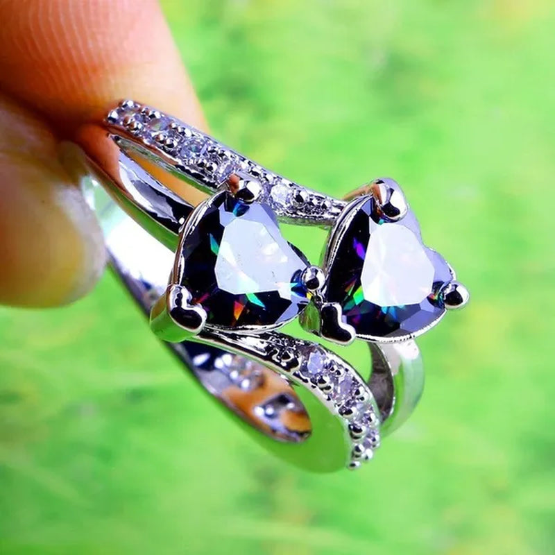 Exquisite 925 Sterling Silver Double Love Heart Rings Natural Sapphire Gemstones Crystal Diamond Wedding Engagement Ring Jewelry Accessories