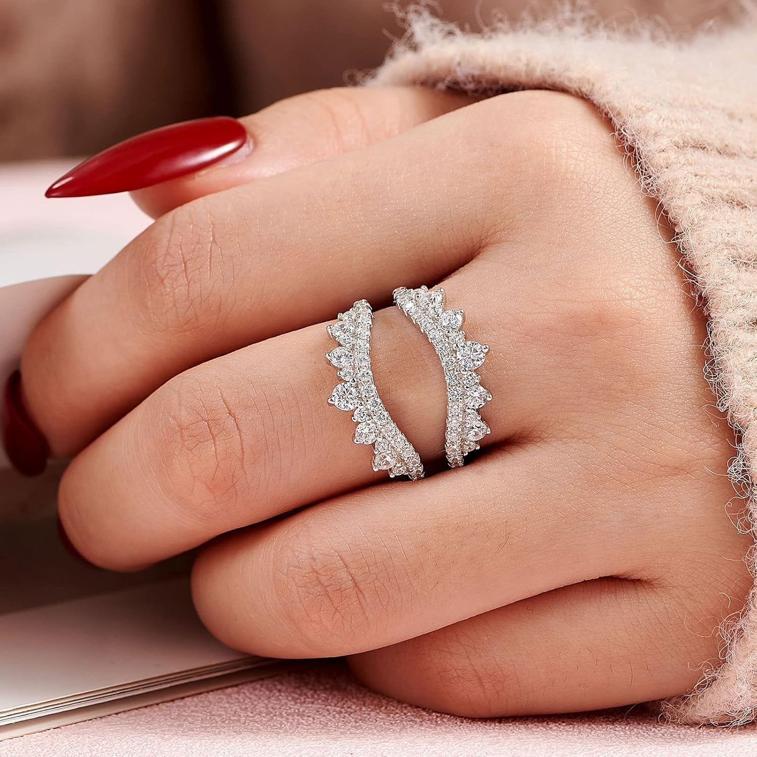 Curved Wedding Ring for Women Ring Enhancers Guard for Engagement Rings 925 Sterling Silver CZ