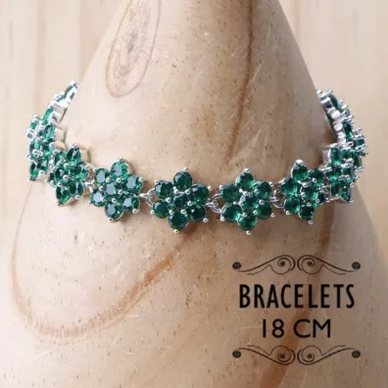 Elegant Lady Ring Earrings Bracelet Necklace 925 Silver Jewelry Set Exquisite Flower Shaped Green Gem White Diamond Pearl Party Jewelry Wedding Engagement Set Jewelry Anniversary Gift Ring Size 5-11
