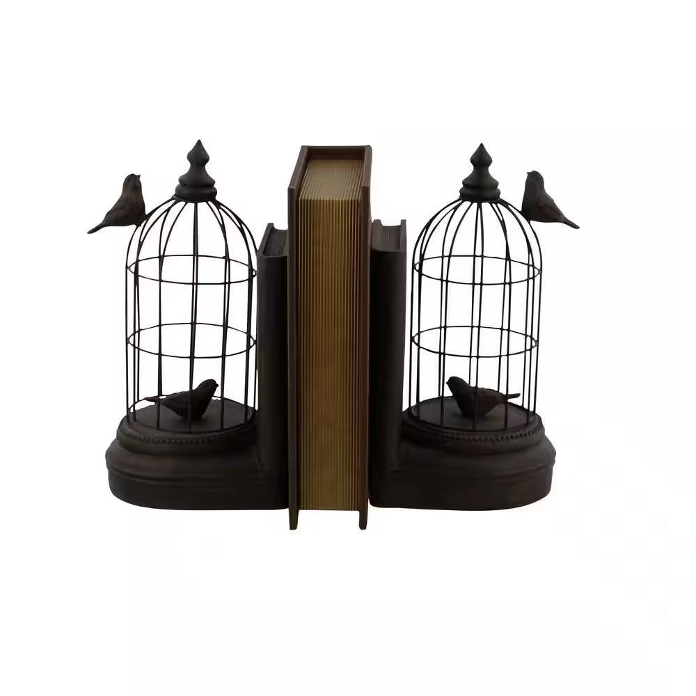 Black Metal Bird Bookends with Cages (Set of 2)